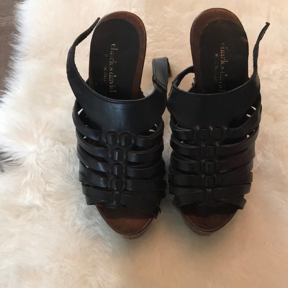 Charles David black leather platform sandals.